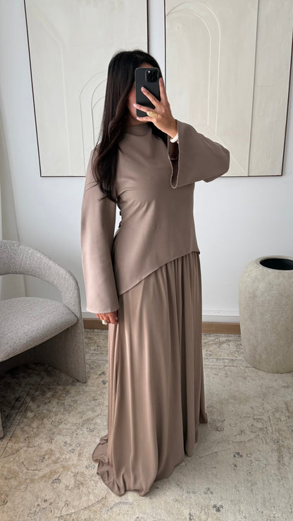Ensemble Elegant Top Structure Jupe Fluide Doublee I Taupe