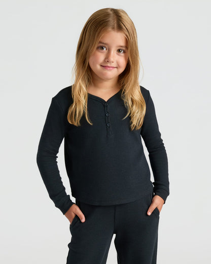 Girls Black Waffle Long Sleeve Henley & Waffle Leg Pants 2-Pack