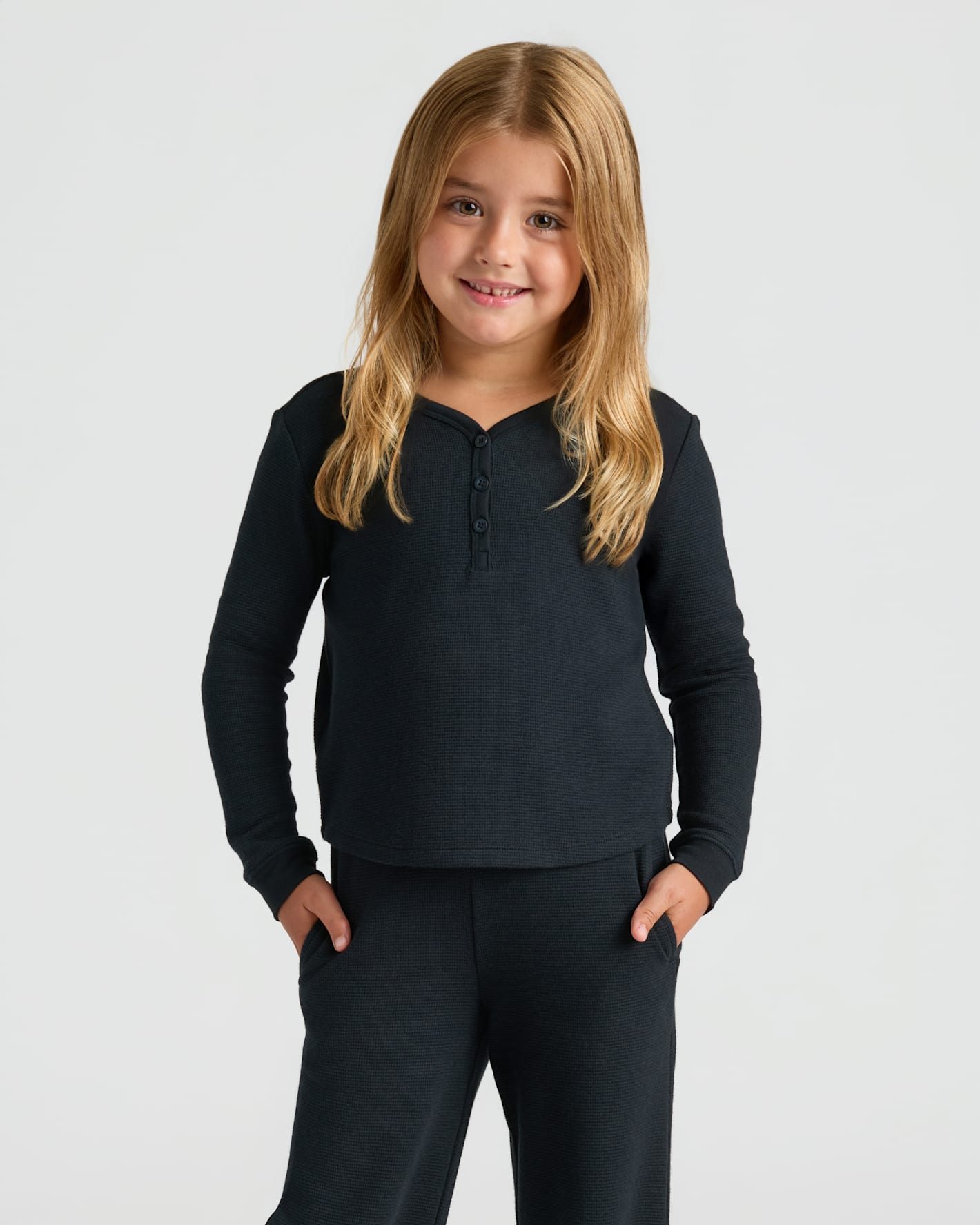 Girls Long Sleeve Boxy Waffle Henley 3-Pack