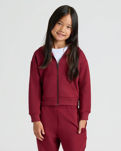Girls Dark Maroon Cropped Zip Hoodie & Relaxed Joggers 2-Pack