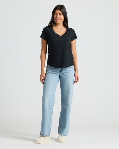 Womens Black Relaxed Slub V-Neck Tee