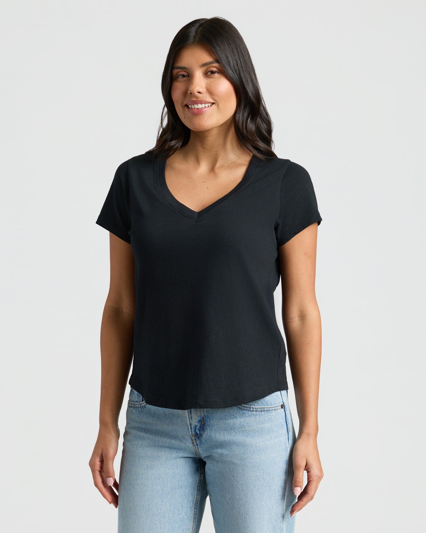 Womens Black Relaxed Slub V-Neck Tee 4-Pack