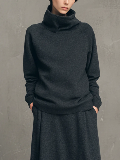 Charcoal Gray Air-layer High-neck Top And Flared Long Skirt Set