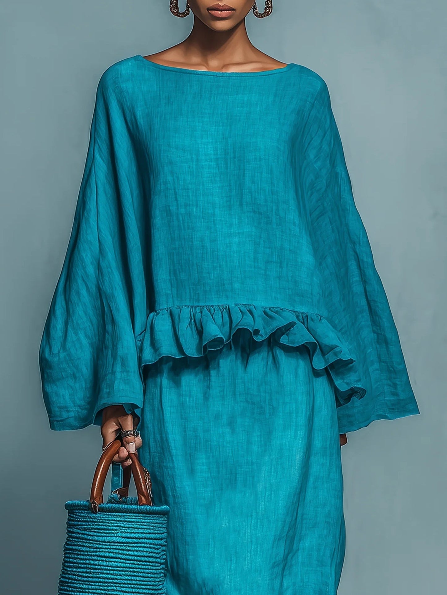 Blue Ruffled Blouse And Straight Skirt Suit