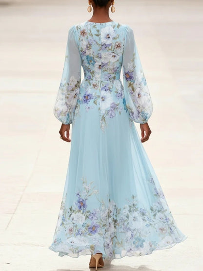 Light Blue V-neck Chiffon Printed Maxi Dress