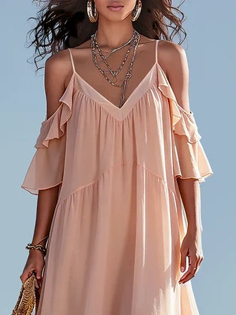 Dreamy Pink Off-shoulder Chiffon Ruffled Maxi Dress