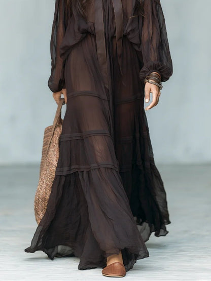 Dark Brown Belted Chiffon Blouse Paired With A Ruffled Skirt Two-piece Set