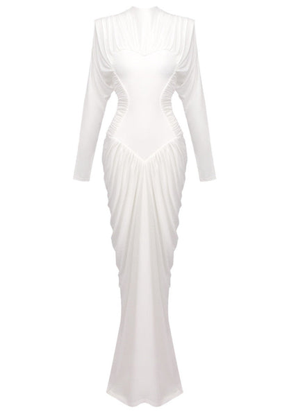 Long Sleeve Draped Structured Maxi Dress White