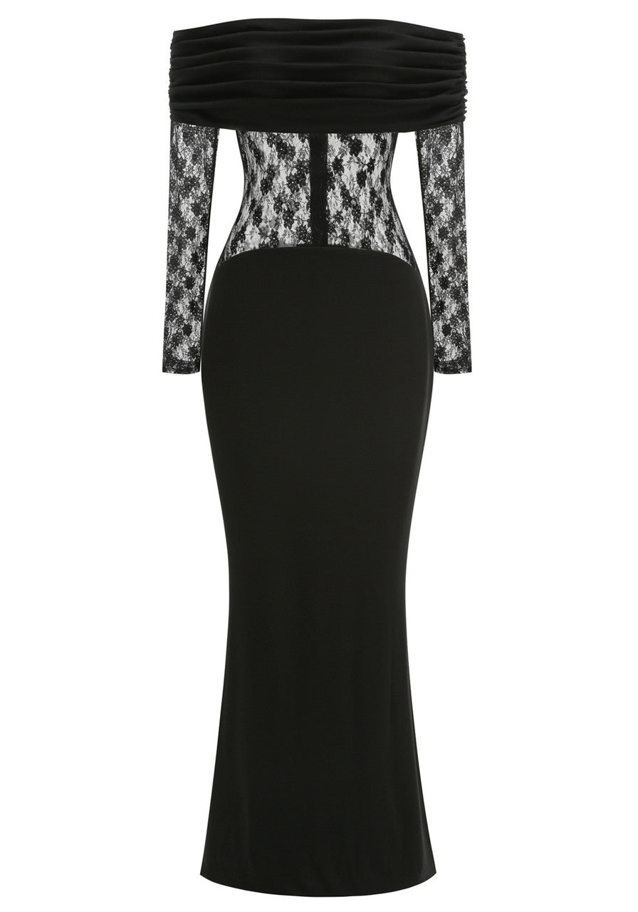 Lace Long Sleeve Draped Bardot Maxi Dress Black