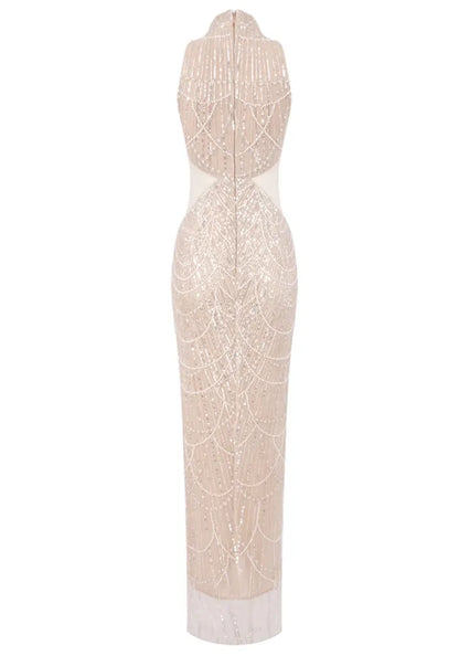 Halter Pearl Sequin Maxi Dress Nude