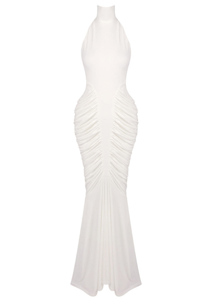 Halter Draped Backless Maxi Dress White