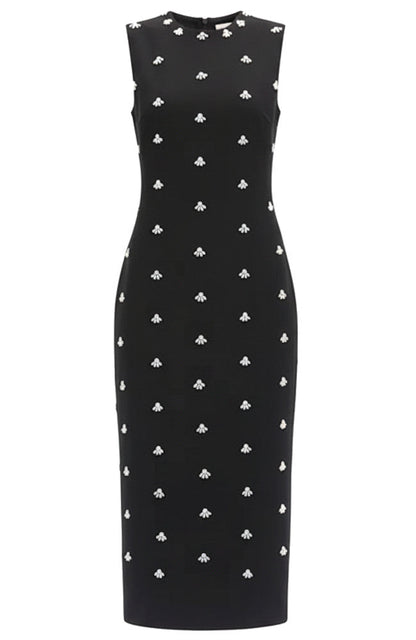 Crystal Pearl Embellished Midi Dress Black
