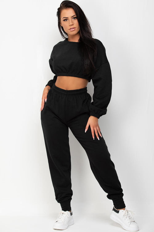 Crop Sweatshirt And Joggers Two Piece Set Black