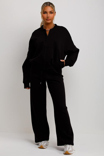 Bomber Sweatshirt With Zip And Joggers Loungewear Set Black