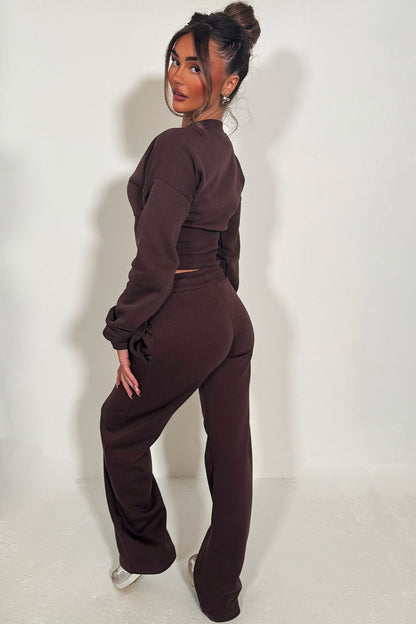 Button Up Corset Sweatshirt And Jogger Tracksuit Co Ord Brown