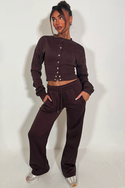 Button Up Corset Sweatshirt And Jogger Tracksuit Co Ord Brown