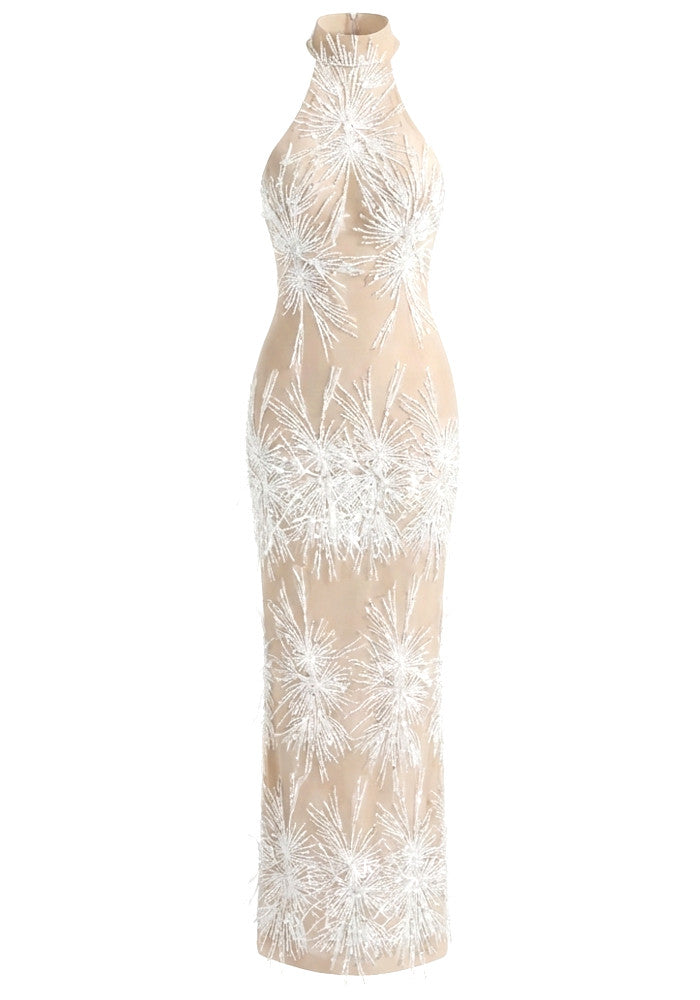 Halter Pearl Sequin Embellished Maxi Dress Nude