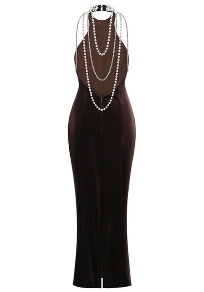 Halter Pearl Embellished Maxi Velvet Dress Dark Brown