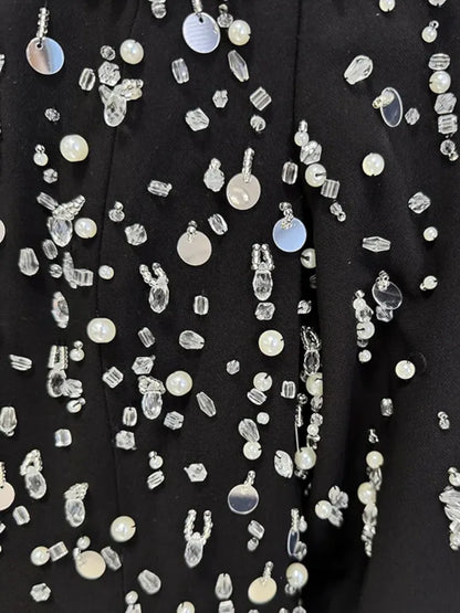 Long Sleeve Crystal Pearl Sequin Maxi Dress Black