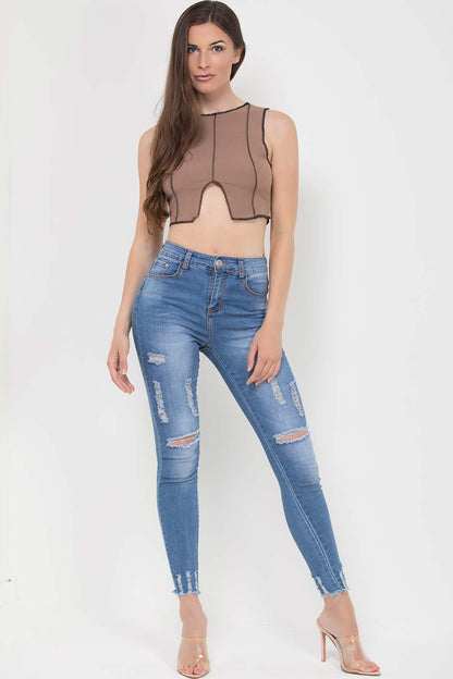 Contrast Overlock Stitch Ribbed Crop Top Brown