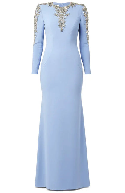 Long Sleeve Crystal Embellished Maxi Dress Blue