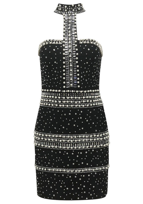 Halter Pearl Crystal Dress Black