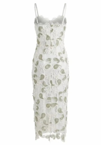 Floral Lace Midi Dress White Green