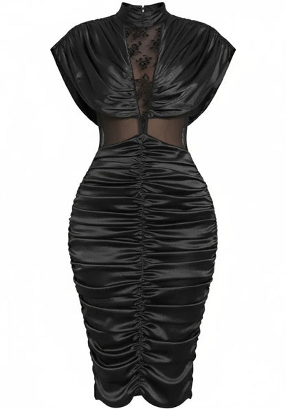 Draped Lace Insert Midi Dress Black