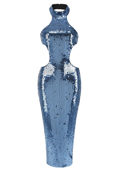 Halter Sequin Backless Maxi Dress Blue