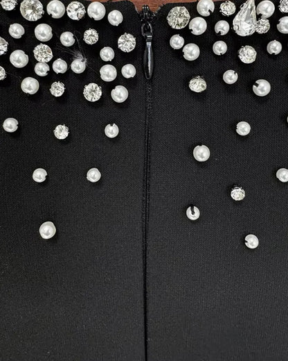 Cape Sleeve Crystal Pearl Maxi Dress Black