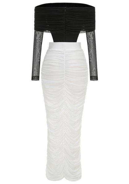 Long Sleeve Draped Bardot Maxi Dress Black White
