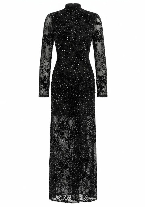 Long Sleeve Embellished Lace Maxi Dress Black