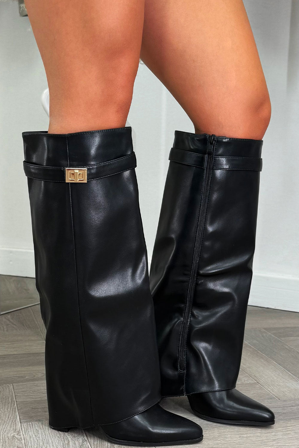 Black Knee High Fold Over Cowboy Boots Faux Leather
