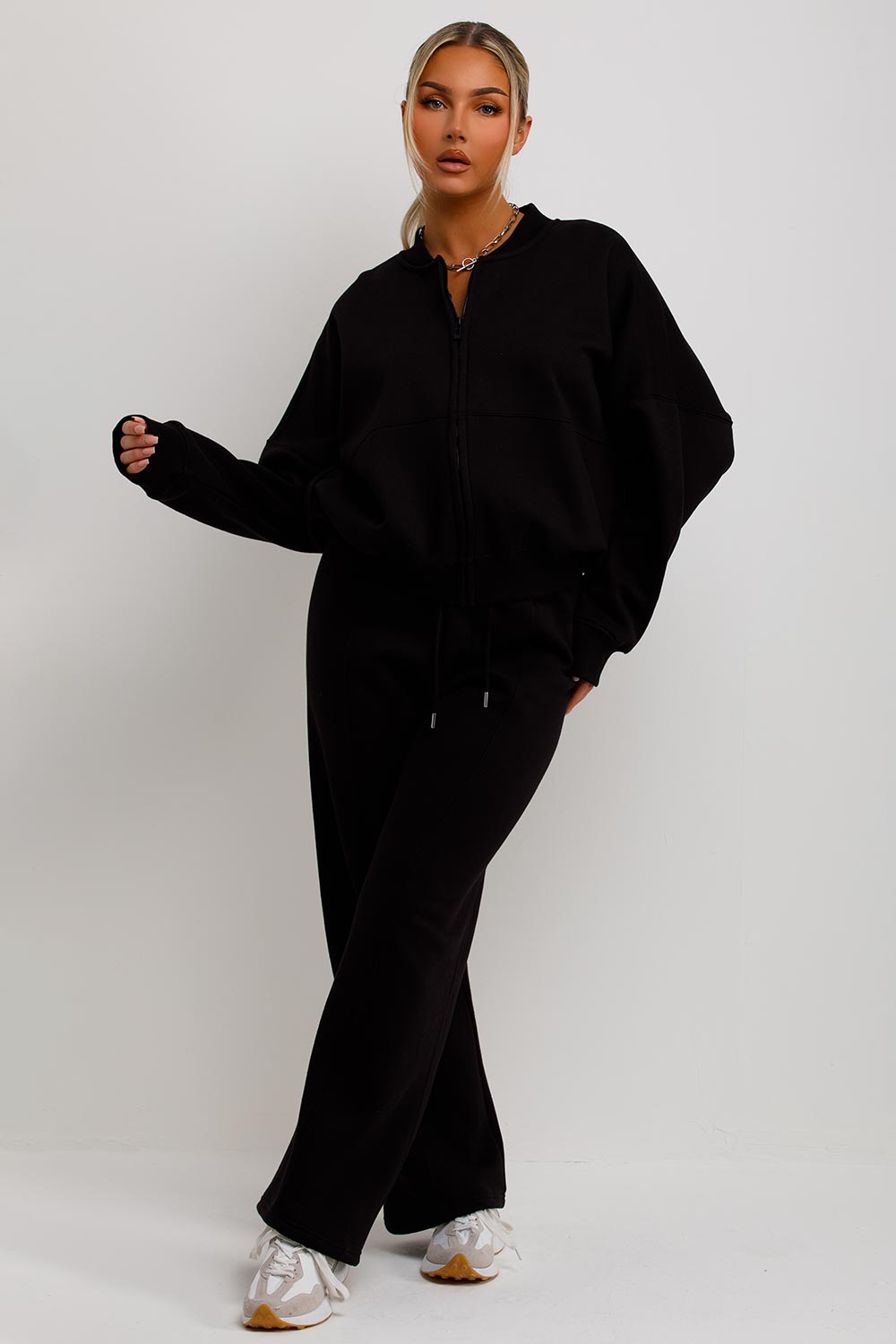 Bomber Sweatshirt With Zip And Joggers Loungewear Set Black