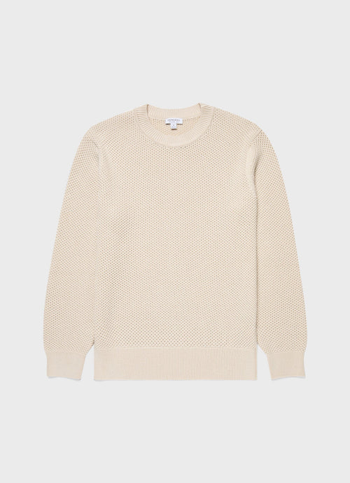Mens Honeycomb Cotton Crew Neck Jumper In Ecru Mjum8207 Whcr