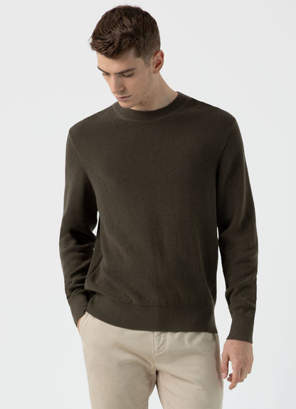 Mens Waffle Stitch Crew Neck Jumper In Khaki Mjum8231 Gngy