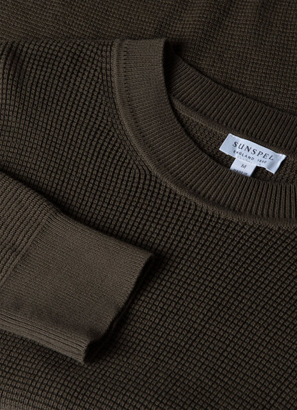Mens Waffle Stitch Crew Neck Jumper In Khaki Mjum8231 Gngy