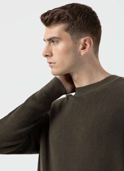 Mens Waffle Stitch Crew Neck Jumper In Khaki Mjum8231 Gngy