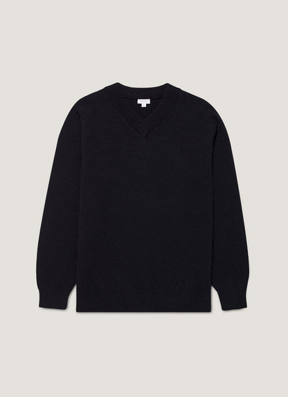 Mens Lambswool V Neck Jumper In Dark Navy Mouline Mjum8294 Bufa