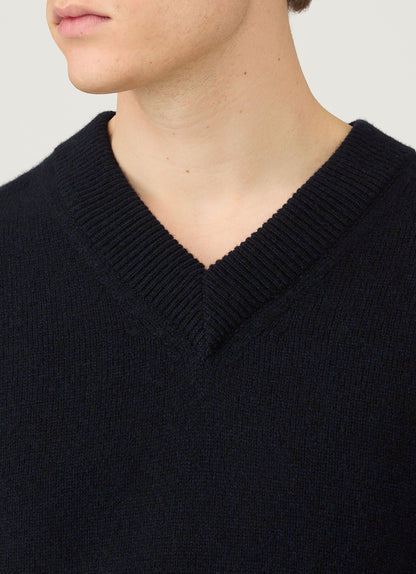 Mens Lambswool V Neck Jumper In Dark Navy Mouline Mjum8294 Bufa