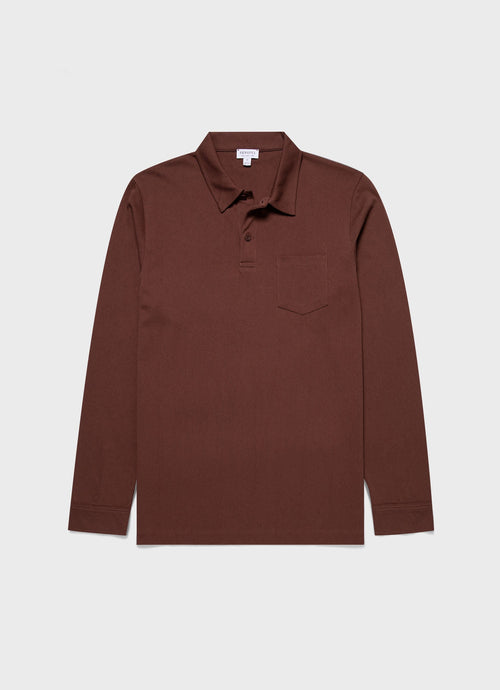 Mens Long Sleeve Riviera Polo Shirt In Cocoa Brown Mpol1031 Brfn