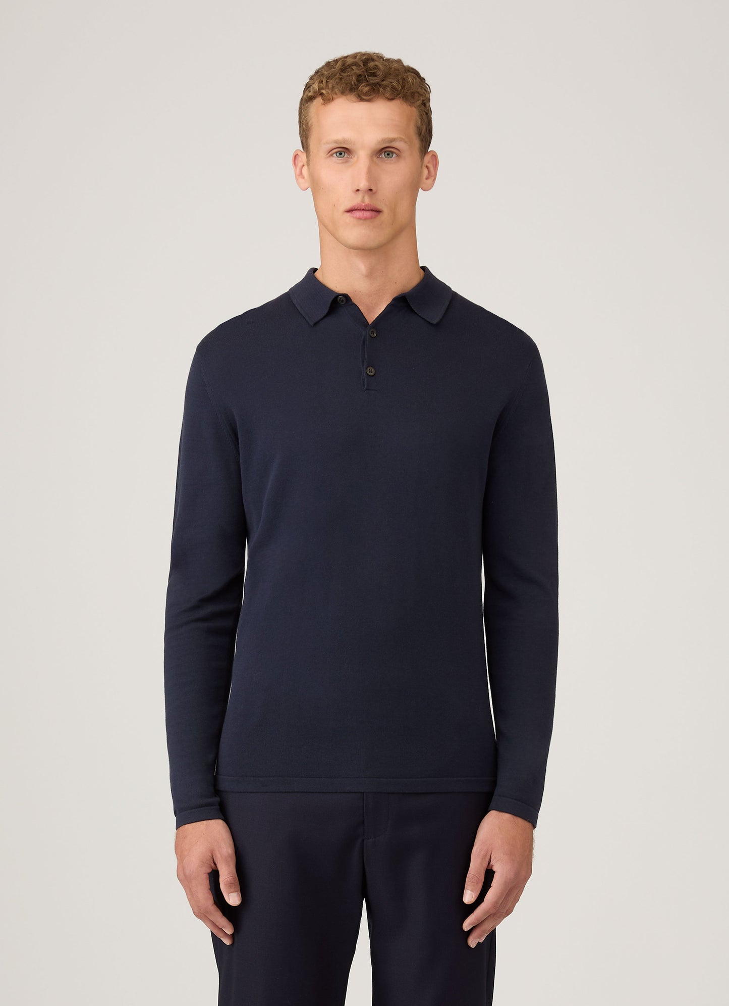 Mens Sea Island Cotton Knit Long Sleeve Polo In Light Navy
