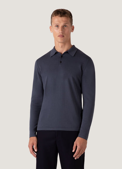 Mens Long Sleeve Sea Island Cotton Polo Shirt In Slate Blue Mpol8047 Buua