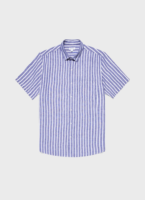 Mens Short Sleeve Linen Shirt In Navy White Msht2039 Stmo