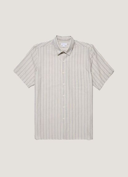 Mens Short Sleeve Vintage Stripe Shirt In Soft Denim Ecru Msht2111 Stnj