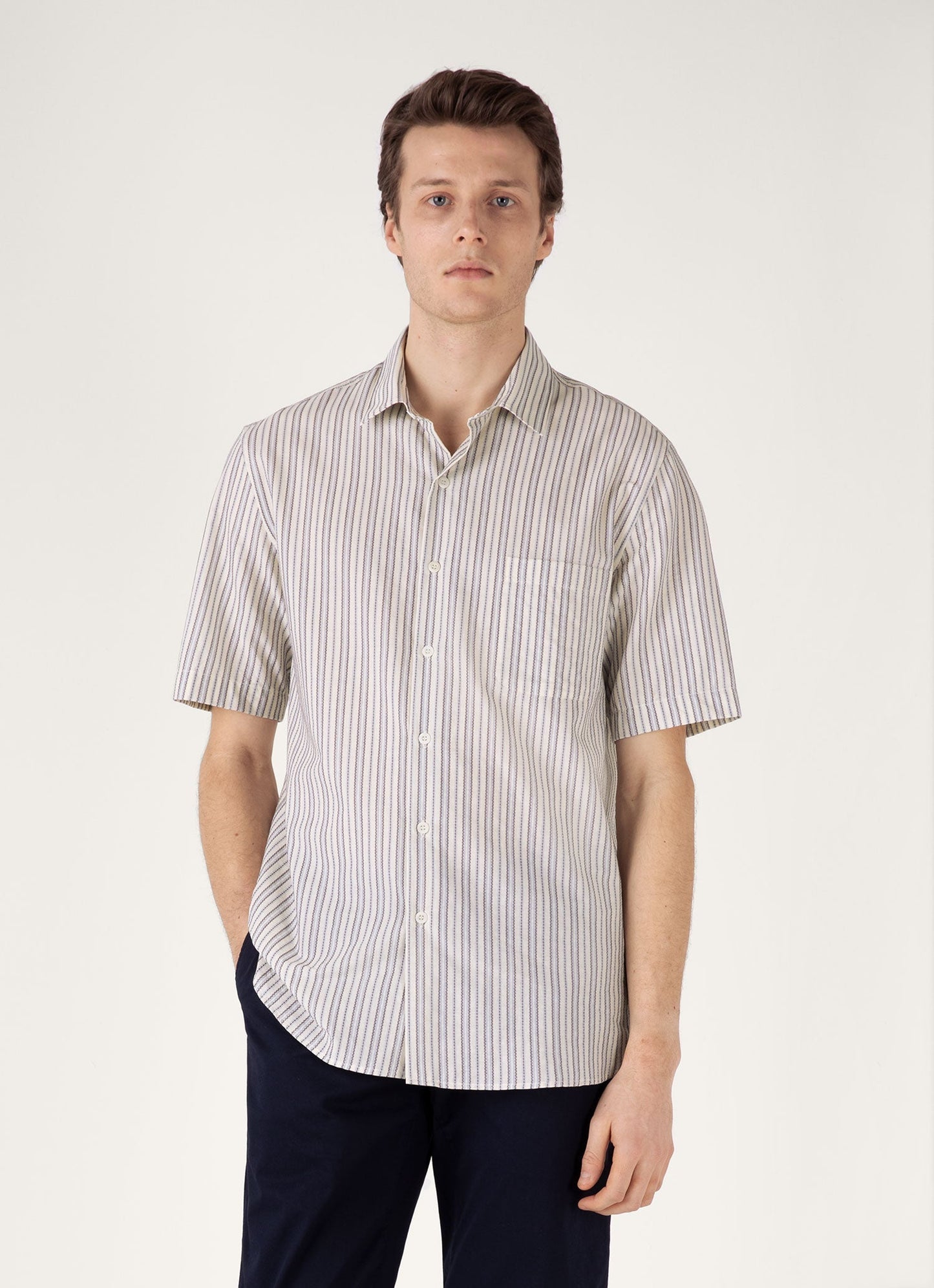 Mens Short Sleeve Vintage Stripe Shirt In Soft Denim Ecru Msht2111 Stnj