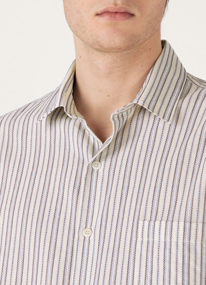 Mens Short Sleeve Vintage Stripe Shirt In Soft Denim Ecru Msht2111 Stnj