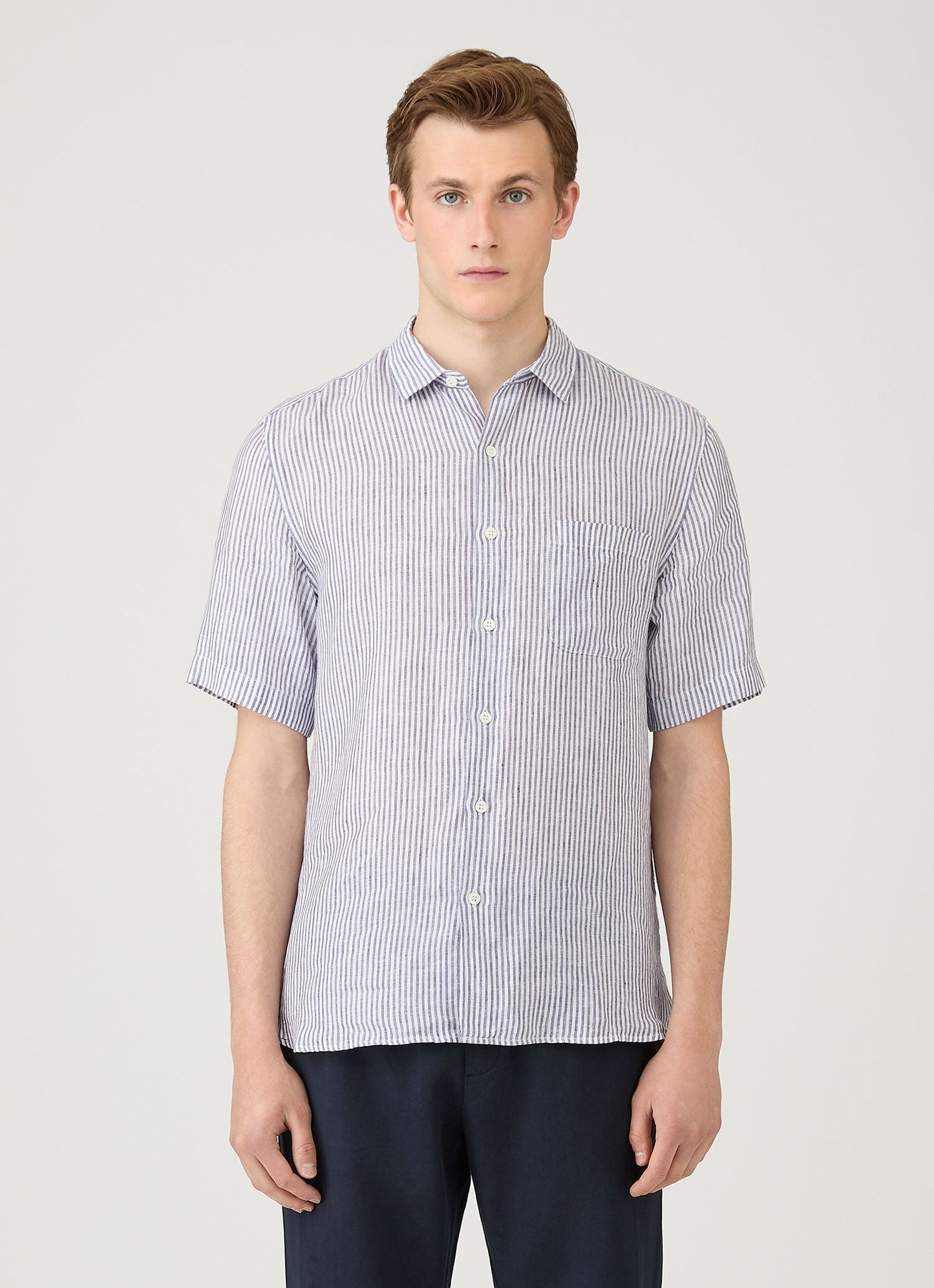 Italian Linen Short Sleeve Shirt In Navy White Linen Stripe