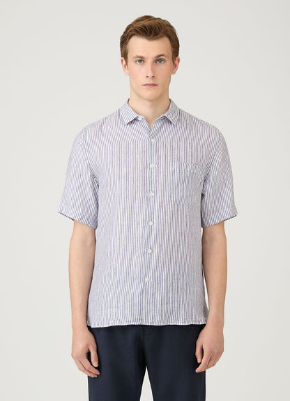 Italian Linen Short Sleeve Shirt In Navy White Linen Stripe