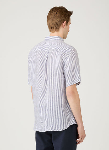 Italian Linen Short Sleeve Shirt In Navy White Linen Stripe